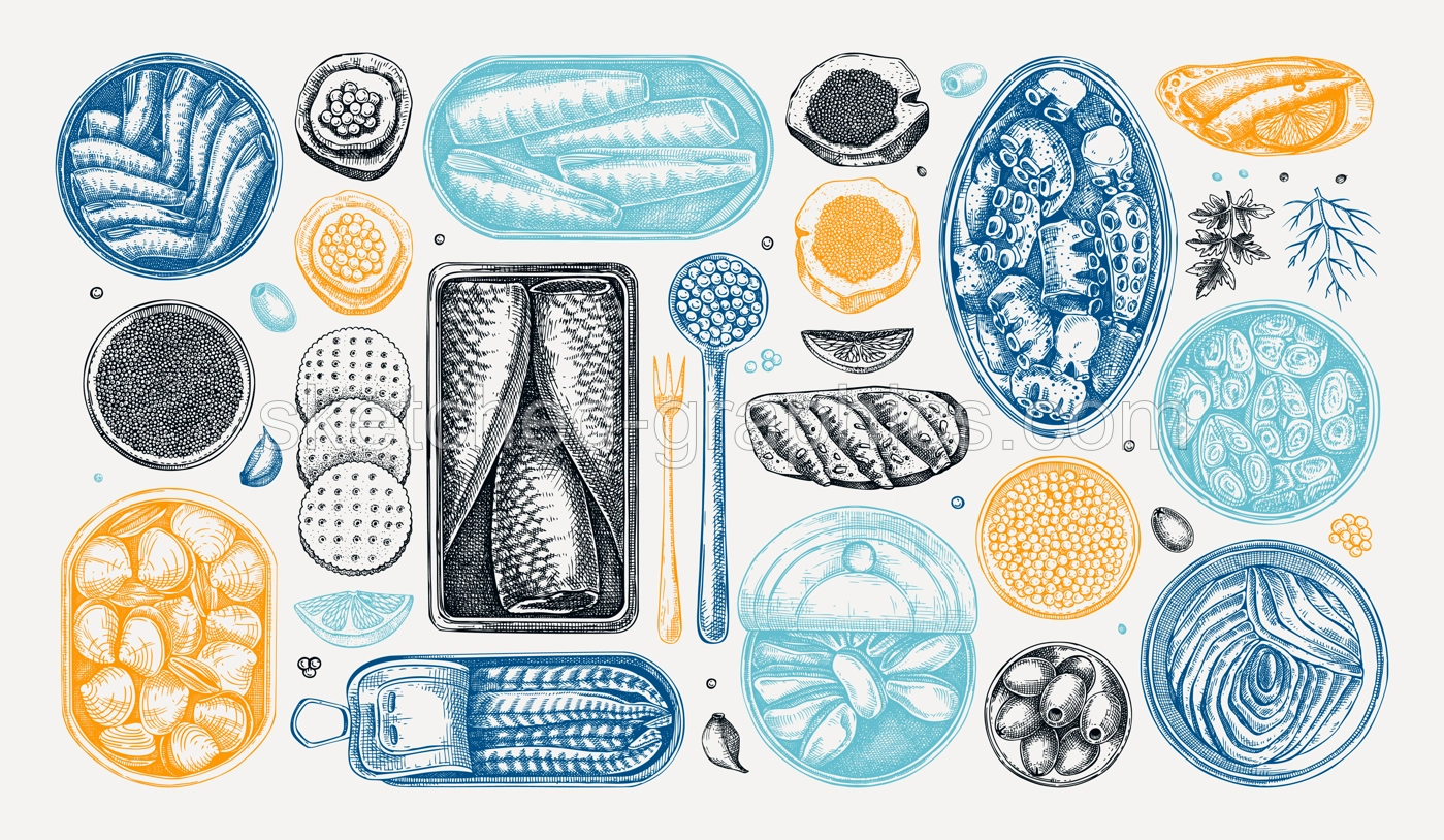 Seafood drawings in color. Hand-drawn tinned fish sketches. Sardines, anchovy, mackerel, tuna, mussels in tin cans, fish canapes, olives, crackers collection. Food vector illustration set Illustration